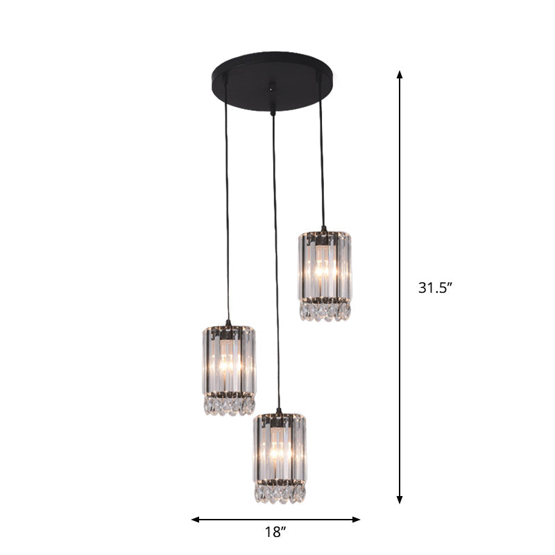 Minimalist Black Multi Pendant Light with Crystal Prisms, Cylinder Design, and 3 Heads - Available in 18" or 27" Width