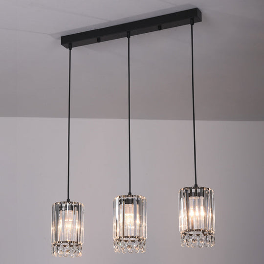 Minimalist Black Multi Pendant Light with Crystal Prisms, Cylinder Design, and 3 Heads - Available in 18" or 27" Width