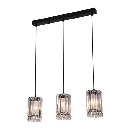 Minimalist Black Multi Pendant Light with Crystal Prisms, Cylinder Design, and 3 Heads - Available in 18" or 27" Width