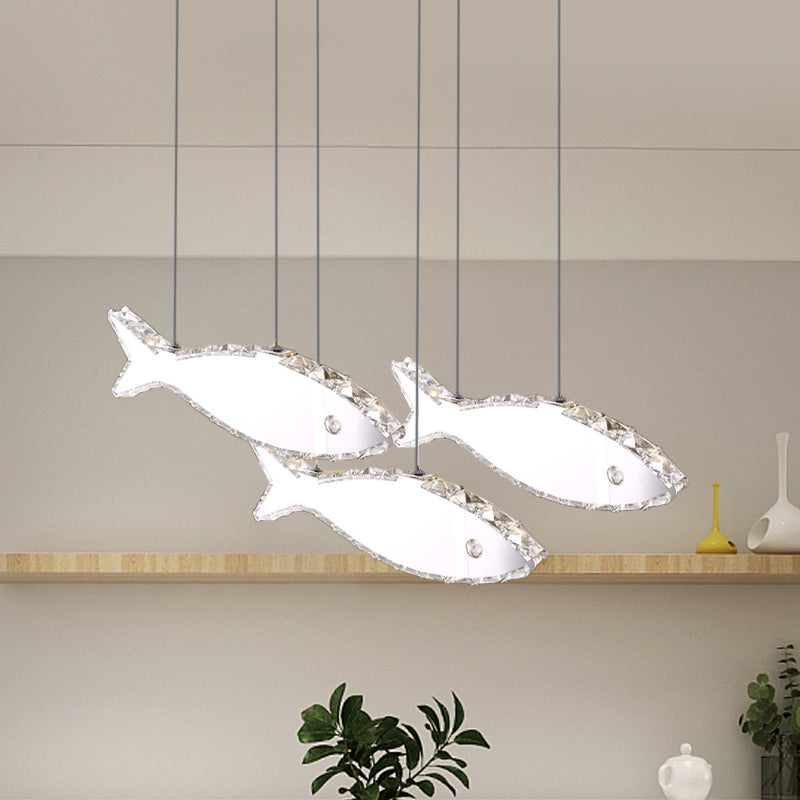 Fish Multi Pendant Crystal Hanging Lamp Kit- Stainless Steel, Warm/White Light