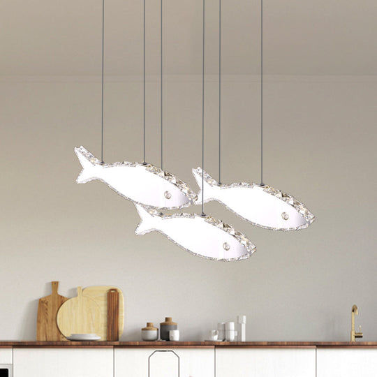 Fish Multi Pendant Crystal Hanging Lamp Kit- Stainless Steel, Warm/White Light