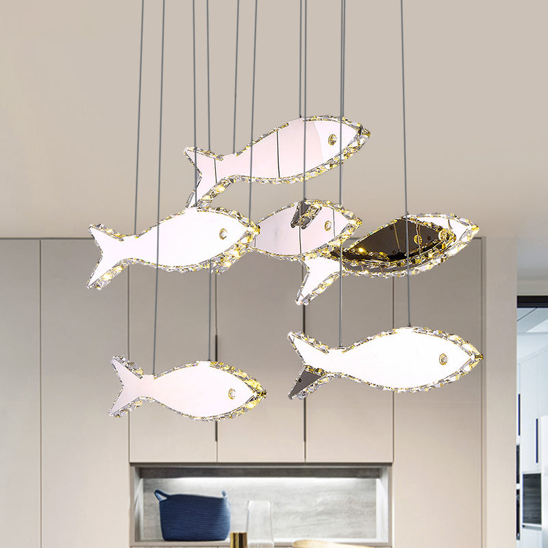 Fish Multi Pendant Crystal Hanging Lamp Kit- Stainless Steel, Warm/White Light