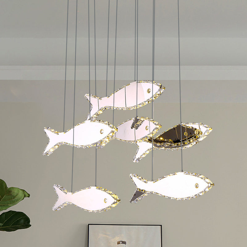 Fish Multi Pendant Crystal Hanging Lamp Kit- Stainless Steel, Warm/White Light