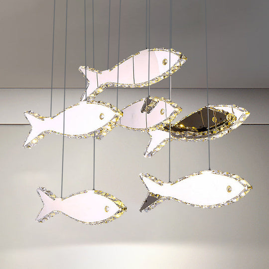 Fish Multi Pendant Crystal Hanging Lamp Kit- Stainless Steel, Warm/White Light