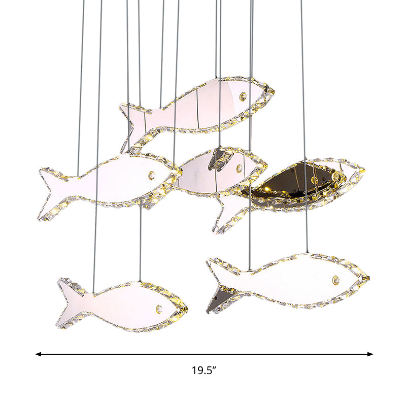 Fish Multi Pendant Crystal Hanging Lamp Kit- Stainless Steel, Warm/White Light