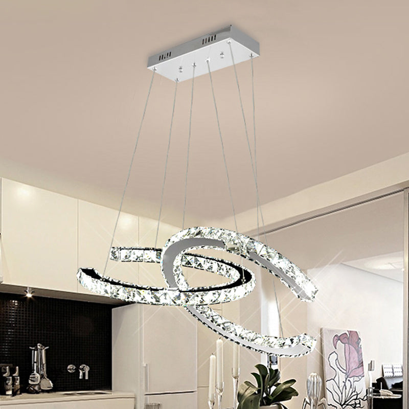Simplicity LED Hanging Ceiling Lamp - Stainless-Steel C-Shape Multi Pendant with Crystal Shade - Warm/White Light