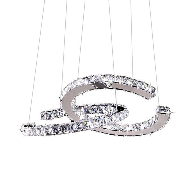 Simplicity LED Hanging Ceiling Lamp - Stainless-Steel C-Shape Multi Pendant with Crystal Shade - Warm/White Light
