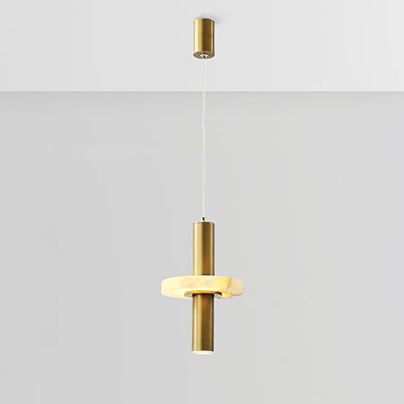 Modern Aluminum LED Pendant Light Fixture in Gold with Marble Ring Deco - Elegant Dining Room Hanging Light