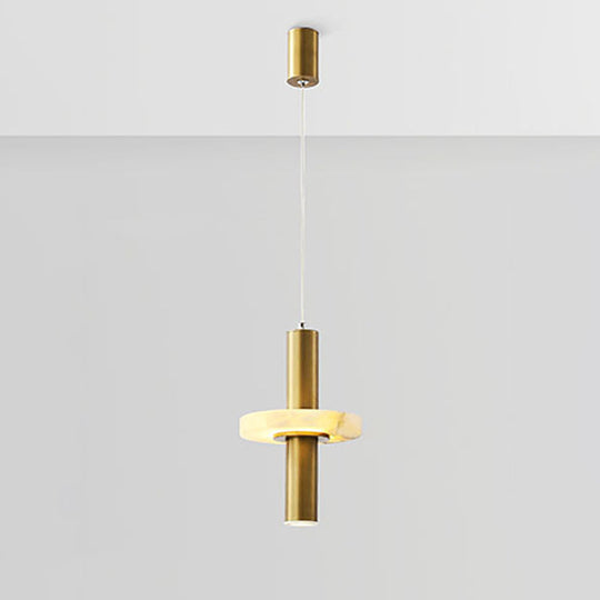Modern Aluminum LED Pendant Light Fixture in Gold with Marble Ring Deco - Elegant Dining Room Hanging Light