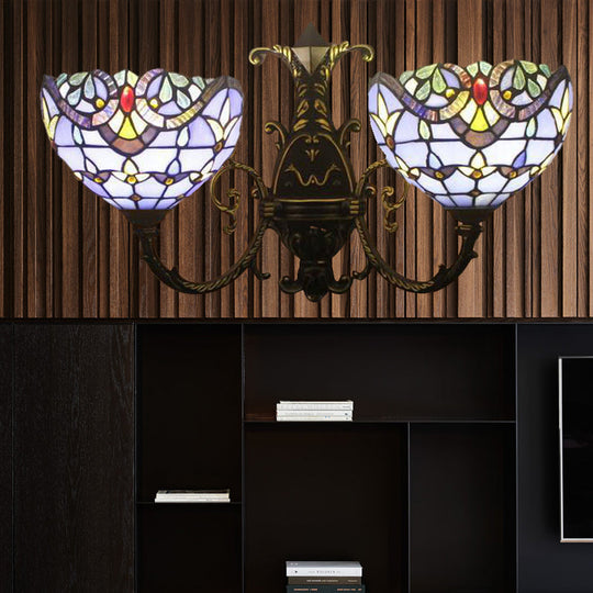 Baroque-Style Stained Glass Double Wall Sconce Lamp in Brown/Blue - Perfect for Dining Room Décor!