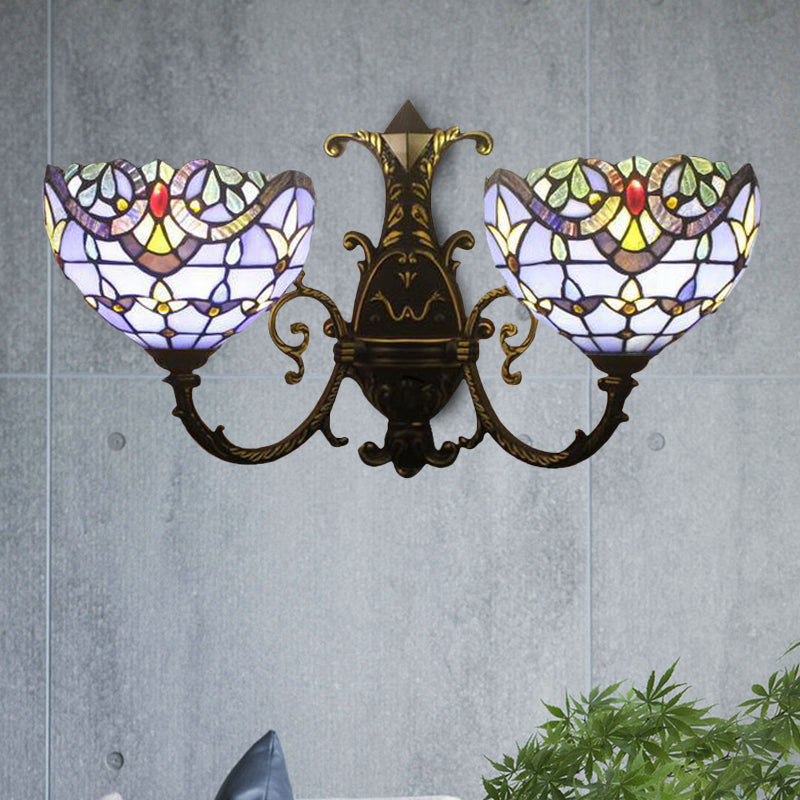 Baroque-Style Stained Glass Double Wall Sconce Lamp in Brown/Blue - Perfect for Dining Room Décor!