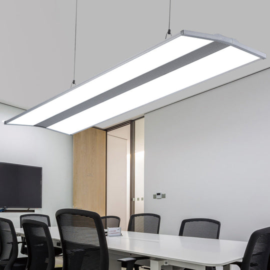 Modern Metal LED Pendant Lighting, Silver Rectangular Hanging Ceiling Lamp with White Acrylic Diffuser - 23.5"/47" Wide