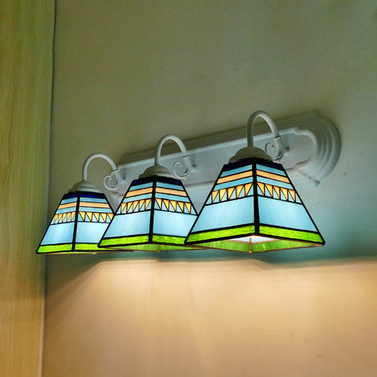Mission Style Stained Glass Pyramid Wall Mount Light with 3 Lights - Pink/Orange/Blue