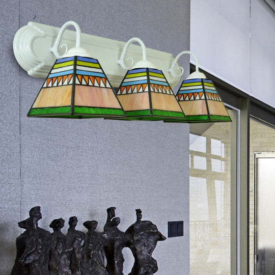 Mission Style Stained Glass Pyramid Wall Mount Light with 3 Lights - Pink/Orange/Blue