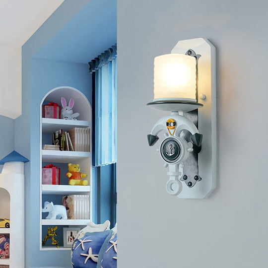 Blue Antique Style Milk Glass Cylinder Wall Light with Anchor Deco Sconce for Front Door