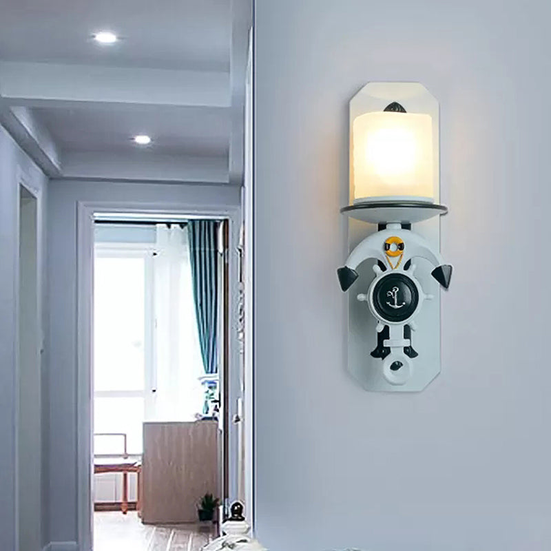 Blue Antique Style Milk Glass Cylinder Wall Light with Anchor Deco Sconce for Front Door