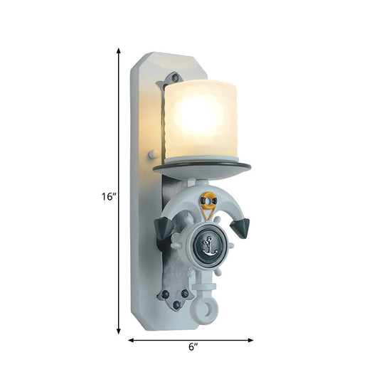 Blue Antique Style Milk Glass Cylinder Wall Light with Anchor Deco Sconce for Front Door