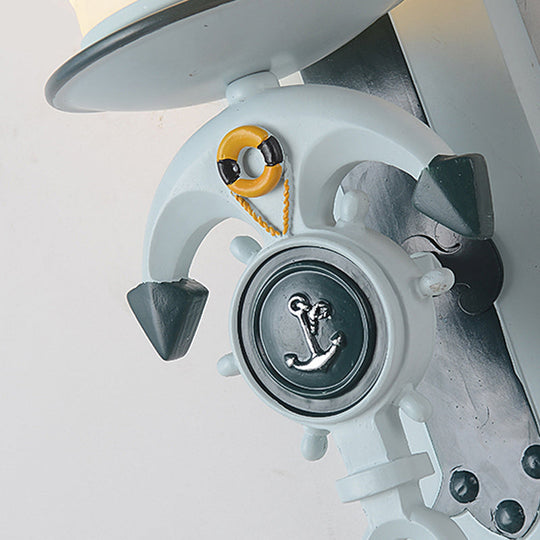 Blue Antique Style Milk Glass Cylinder Wall Light with Anchor Deco Sconce for Front Door