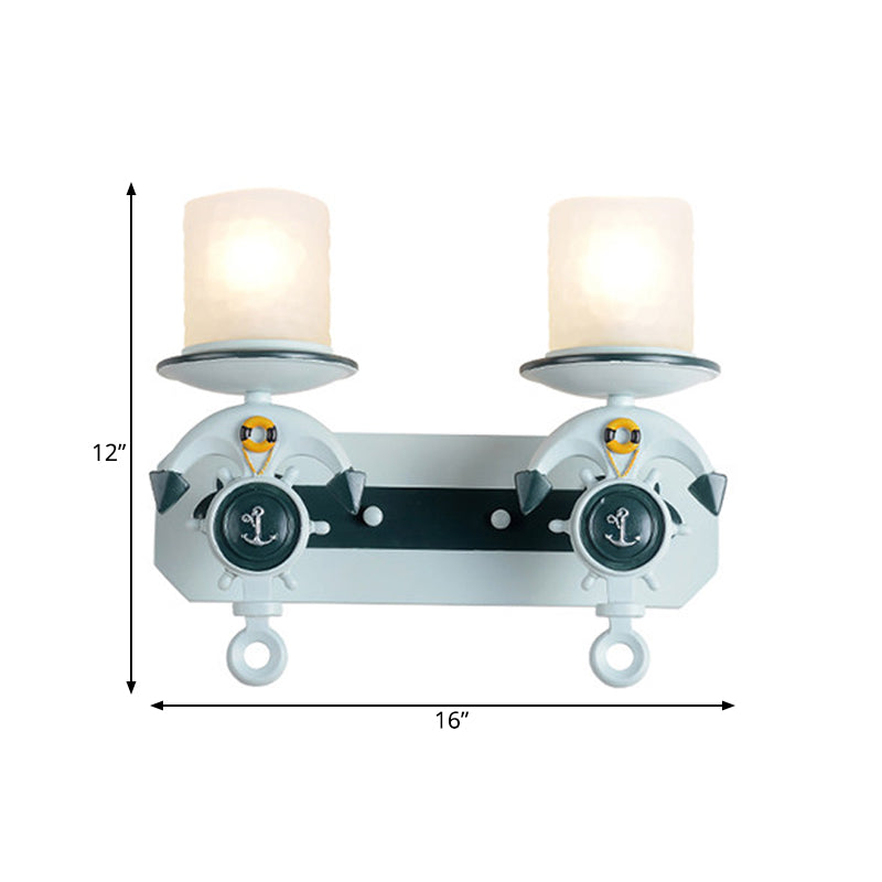 Blue Antique Style Milk Glass Cylinder Wall Light with Anchor Deco Sconce for Front Door