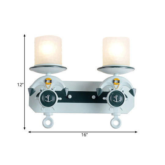 Blue Antique Style Milk Glass Cylinder Wall Light with Anchor Deco Sconce for Front Door