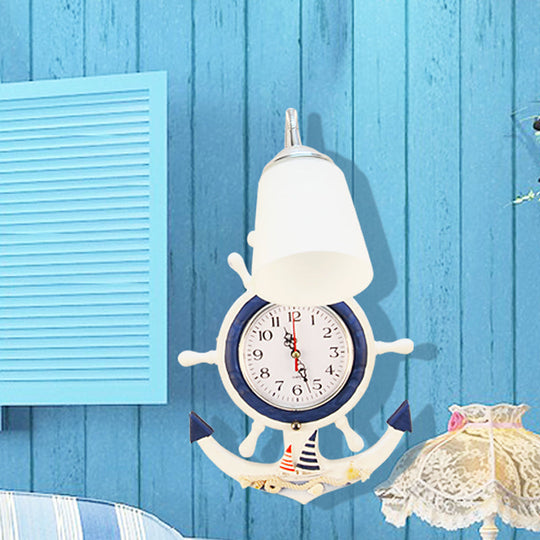 White Glass Bell Sconce Light with Anchor Clock - Mediterranean Wall Lamp for Hotels