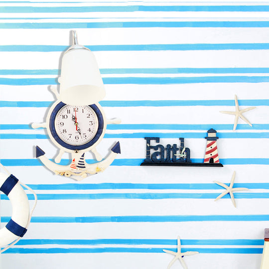 White Glass Bell Sconce Light with Anchor Clock - Mediterranean Wall Lamp for Hotels