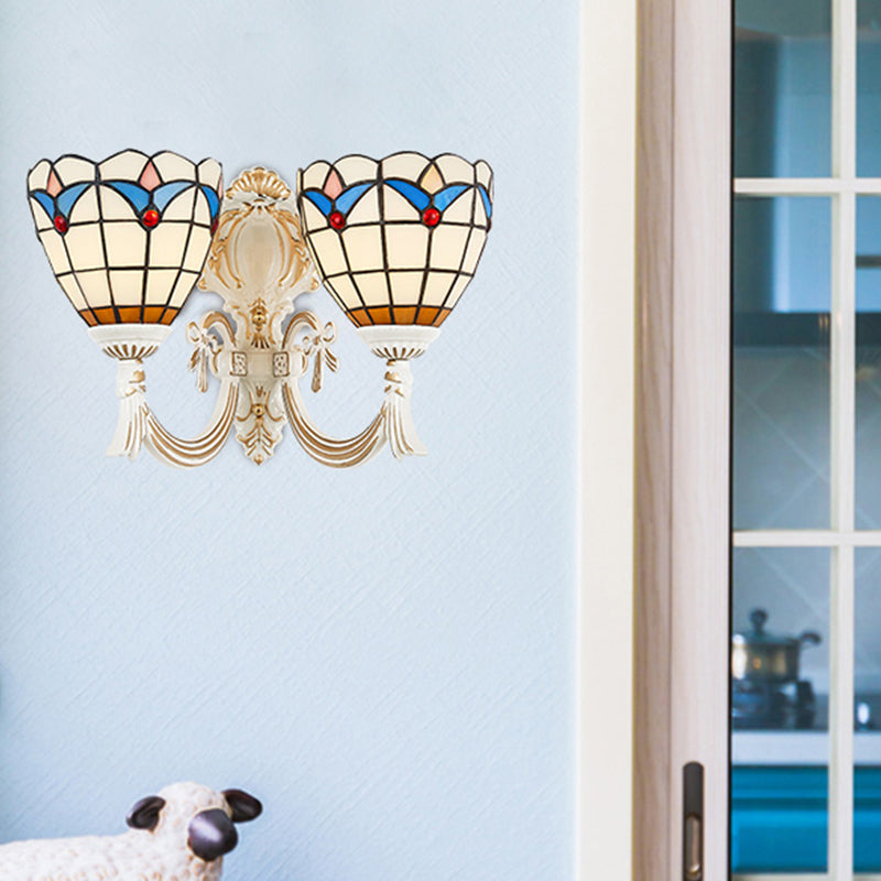 Country Style Magnolia Stained Glass Kitchen Sconce Lighting - White Wall Mount Light with 2 Lights