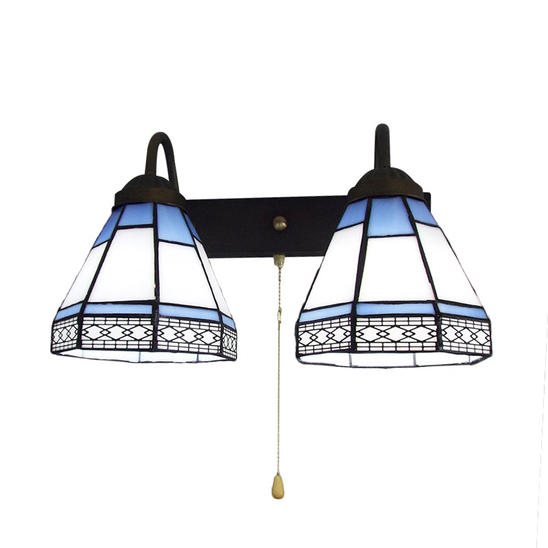 Tiffany Style Wall Sconce with White Glass and Pull Chain - 2 Head Mount