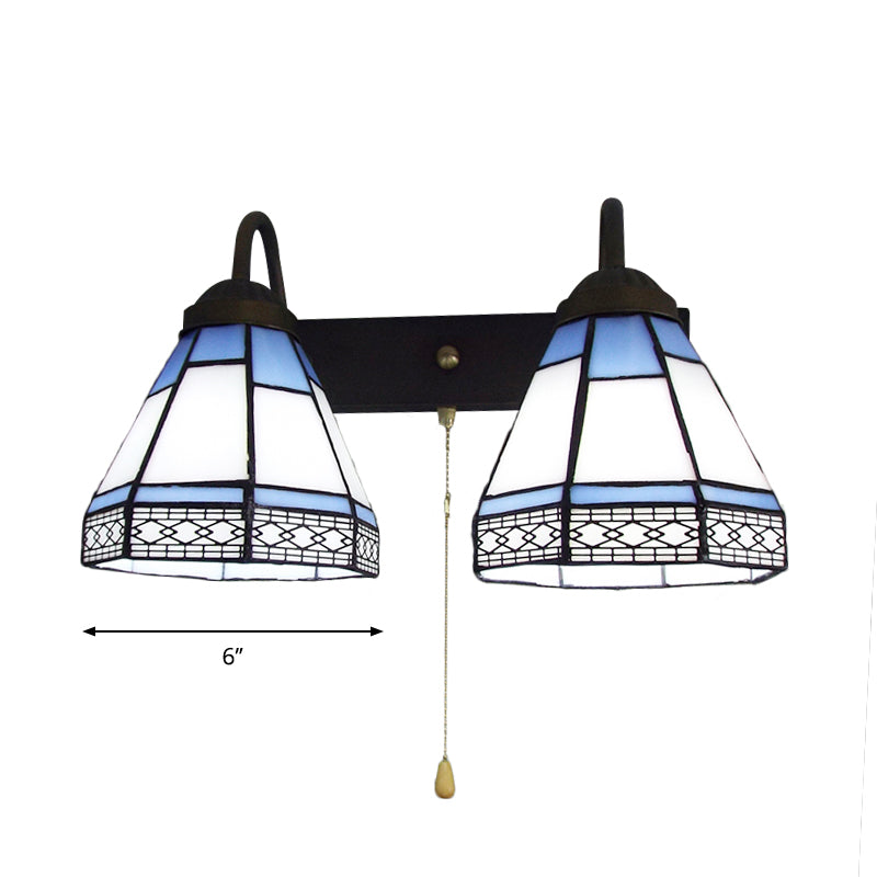 Tiffany Style Wall Sconce with White Glass and Pull Chain - 2 Head Mount