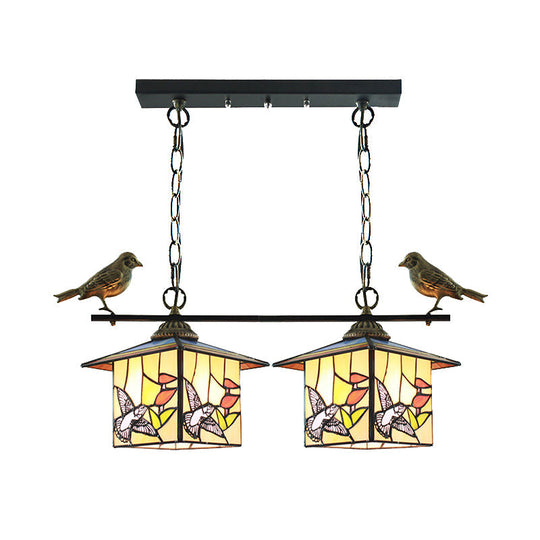 Tiffany Style House-Shaped Island Light with Two Stainless Steel Heads and Art Glass in Stylish Beige