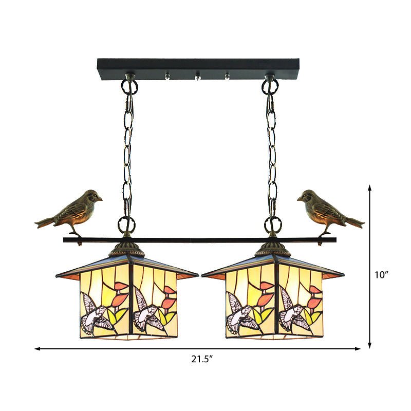 Tiffany Style House-Shaped Island Light with Two Stainless Steel Heads and Art Glass in Stylish Beige