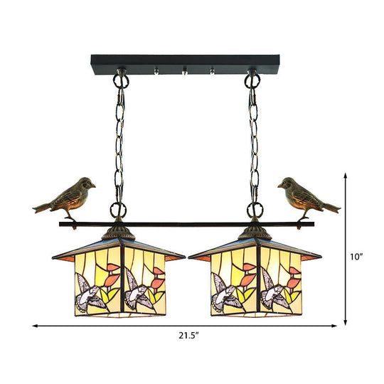 Tiffany Style House-Shaped Island Light with Two Stainless Steel Heads and Art Glass in Stylish Beige