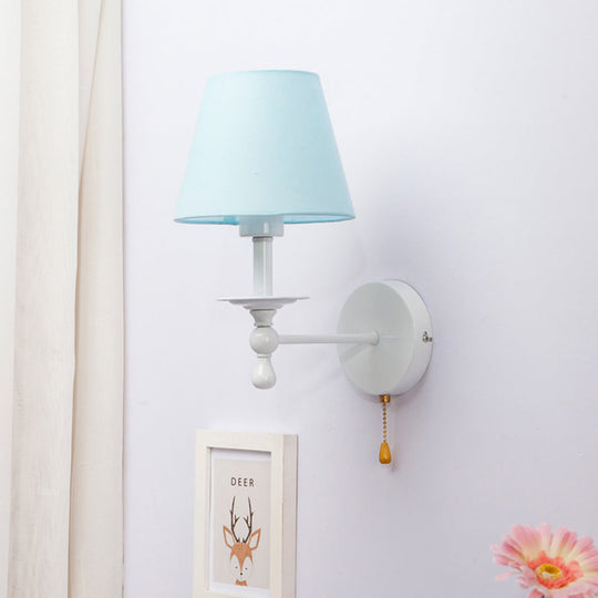 Modern Blue Fabric Tapered Shade Wall Light with Pull Chain - Dining Room Sconce