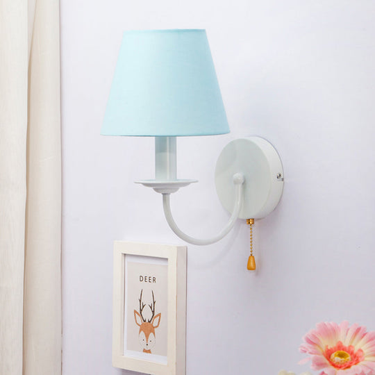 Modern Blue Fabric Tapered Shade Wall Light with Pull Chain - Dining Room Sconce
