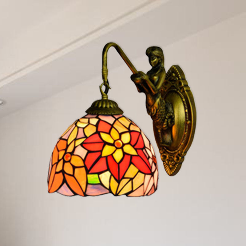 Tiffany Multicolor Stained Glass Sconce Light with Orange Red Flower Design