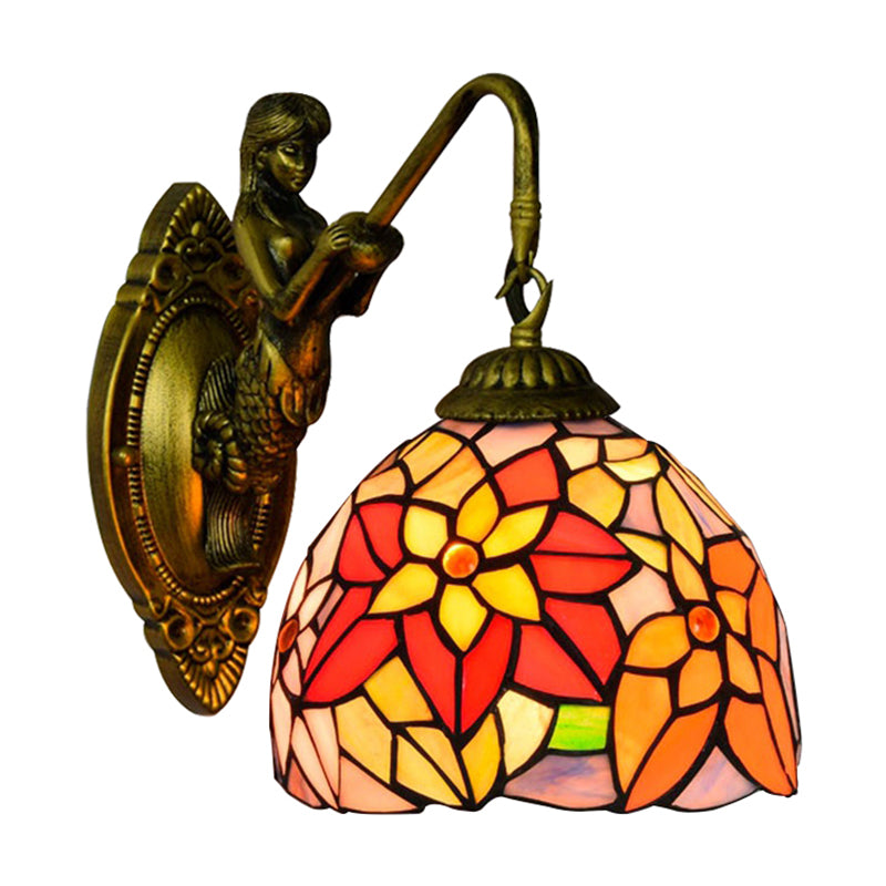 Tiffany Multicolor Stained Glass Sconce Light with Orange Red Flower Design