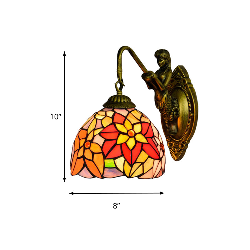 Tiffany Multicolor Stained Glass Sconce Light with Orange Red Flower Design