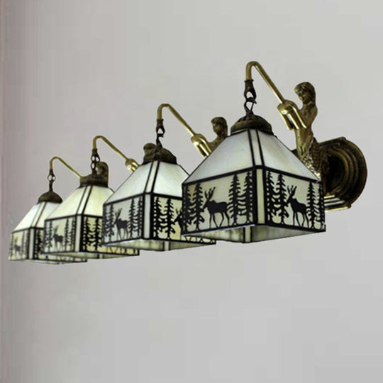Fashionable Rustic Lodge Wall Light with Forest Deer 4 Lights and Mermaid Art Glass Sconce in Beige for Cafes