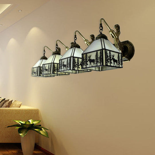 Fashionable Rustic Lodge Wall Light with Forest Deer 4 Lights and Mermaid Art Glass Sconce in Beige for Cafes
