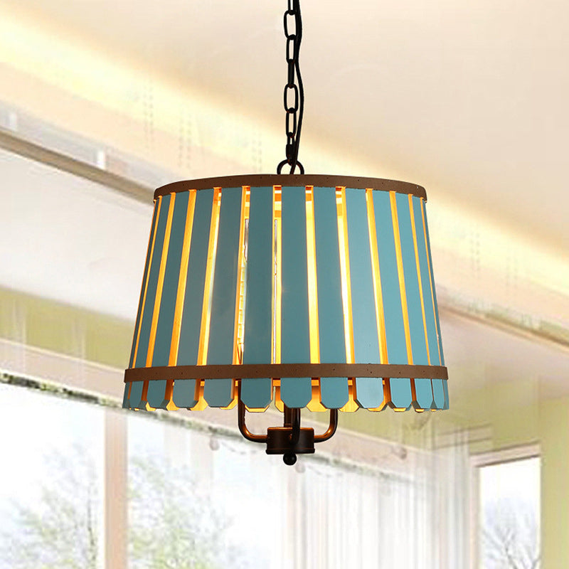 Modern Wooden Chandelier Light Fixture - 12.5"/16.5" Wide Slatted Design - 3 Lights - Blue/Green/Wood - Ideal for Dining Room