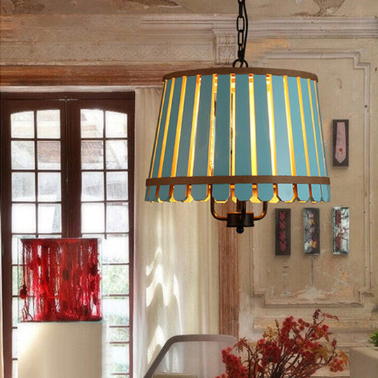 Modern Wooden Chandelier Light Fixture - 12.5"/16.5" Wide Slatted Design - 3 Lights - Blue/Green/Wood - Ideal for Dining Room