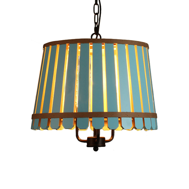 Modern Wooden Chandelier Light Fixture - 12.5"/16.5" Wide Slatted Design - 3 Lights - Blue/Green/Wood - Ideal for Dining Room