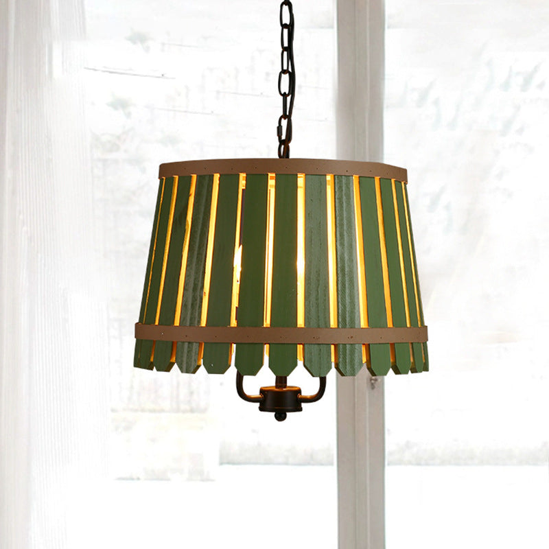 Modern Wooden Chandelier Light Fixture - 12.5"/16.5" Wide Slatted Design - 3 Lights - Blue/Green/Wood - Ideal for Dining Room