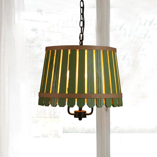 Modern Wooden Chandelier Light Fixture - 12.5"/16.5" Wide Slatted Design - 3 Lights - Blue/Green/Wood - Ideal for Dining Room