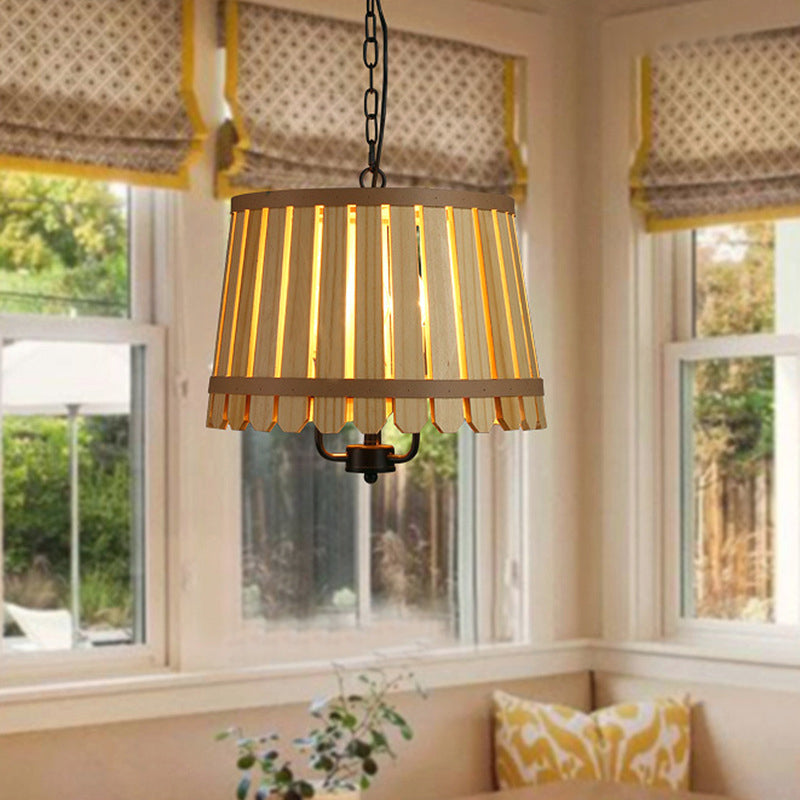 Modern Wooden Chandelier Light Fixture - 12.5"/16.5" Wide Slatted Design - 3 Lights - Blue/Green/Wood - Ideal for Dining Room