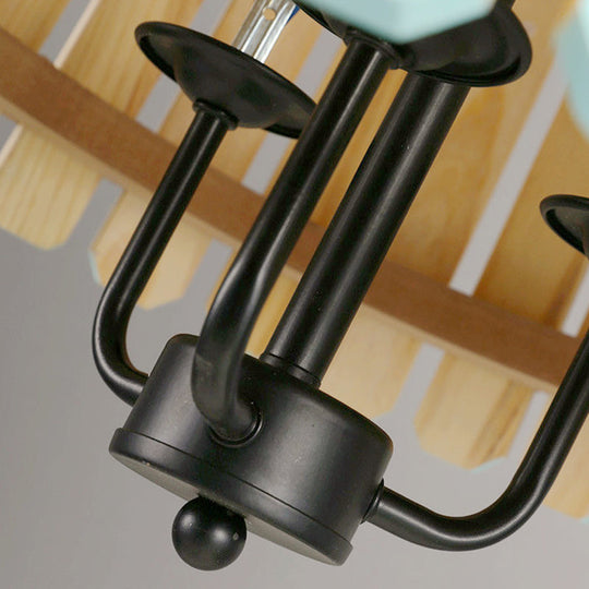 Modern Wooden Chandelier Light Fixture - 12.5"/16.5" Wide Slatted Design - 3 Lights - Blue/Green/Wood - Ideal for Dining Room