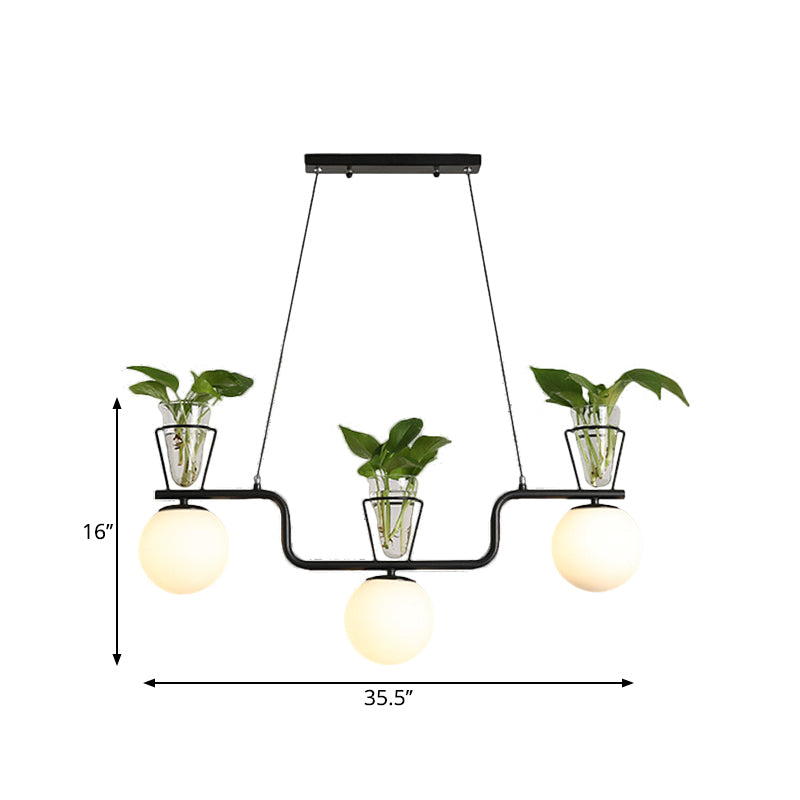 Industrial Black Island Light Fixture with Opal Glass Globe Pendant and Clear Glass Pot - 3-Bulb