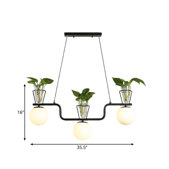 Industrial Black Island Light Fixture with Opal Glass Globe Pendant and Clear Glass Pot - 3-Bulb