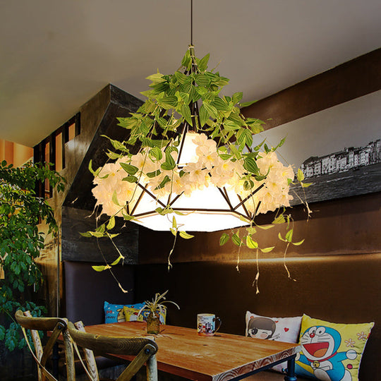 1-Light Diamond Cage Pendant Hanging Light Fixture - White/Red with Artificial Floral Deco for Warehouse Ambiance