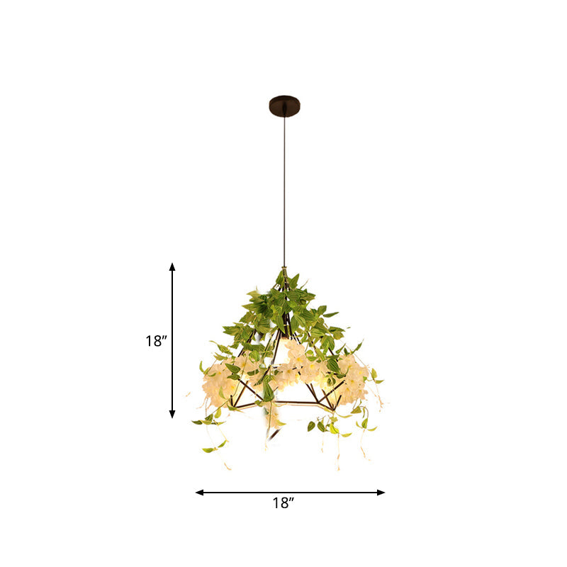 1-Light Diamond Cage Pendant Hanging Light Fixture - White/Red with Artificial Floral Deco for Warehouse Ambiance